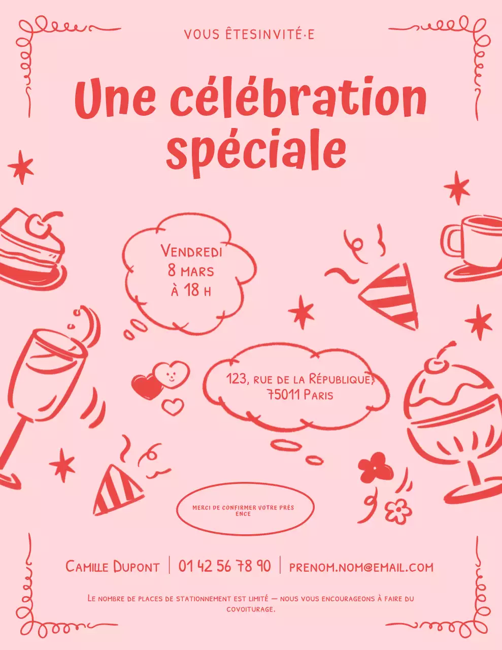 Invitation à une fête avec des gribouillis roses et rouges