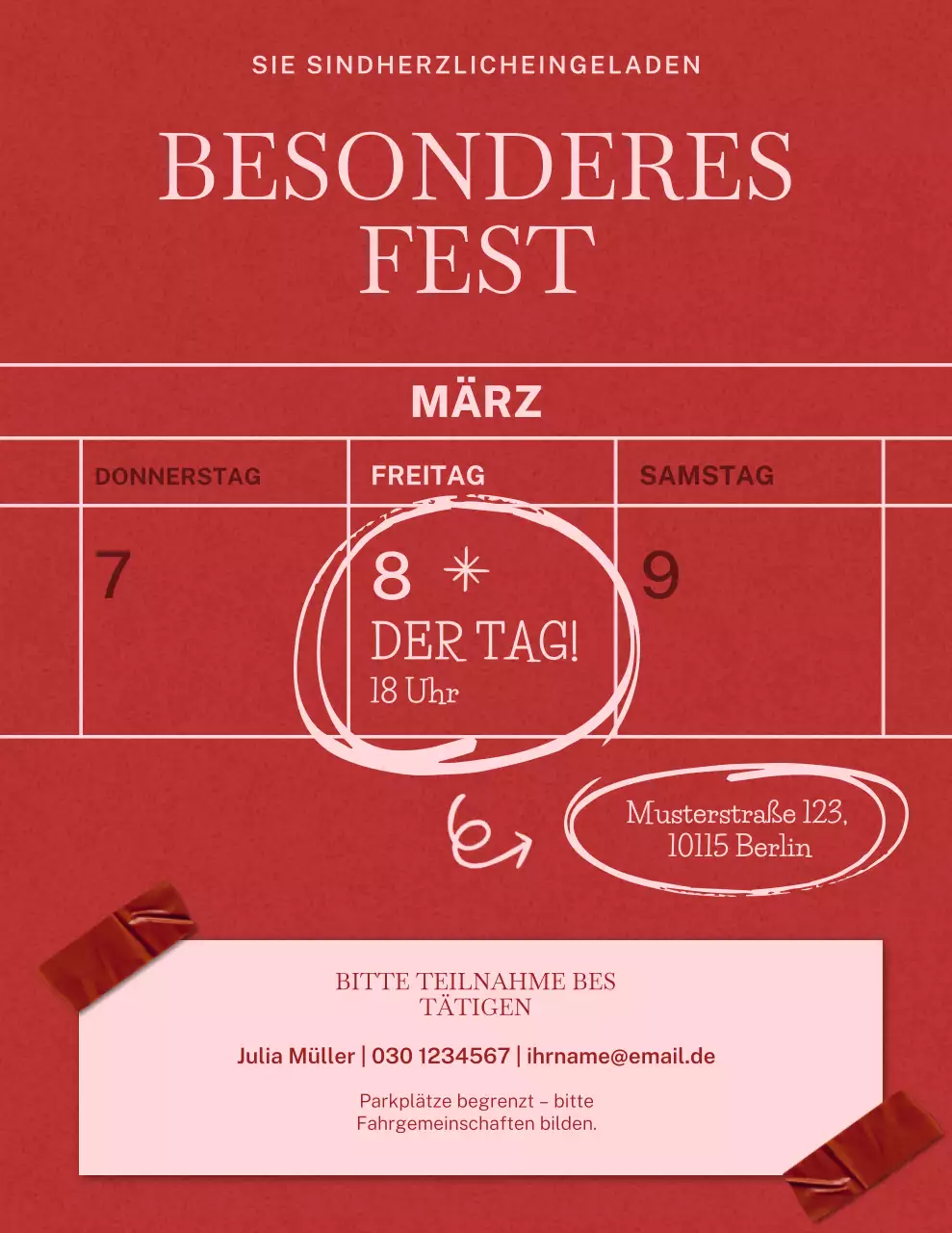 Einladung zur Feier mit roten und rosa Doodle-Motiven