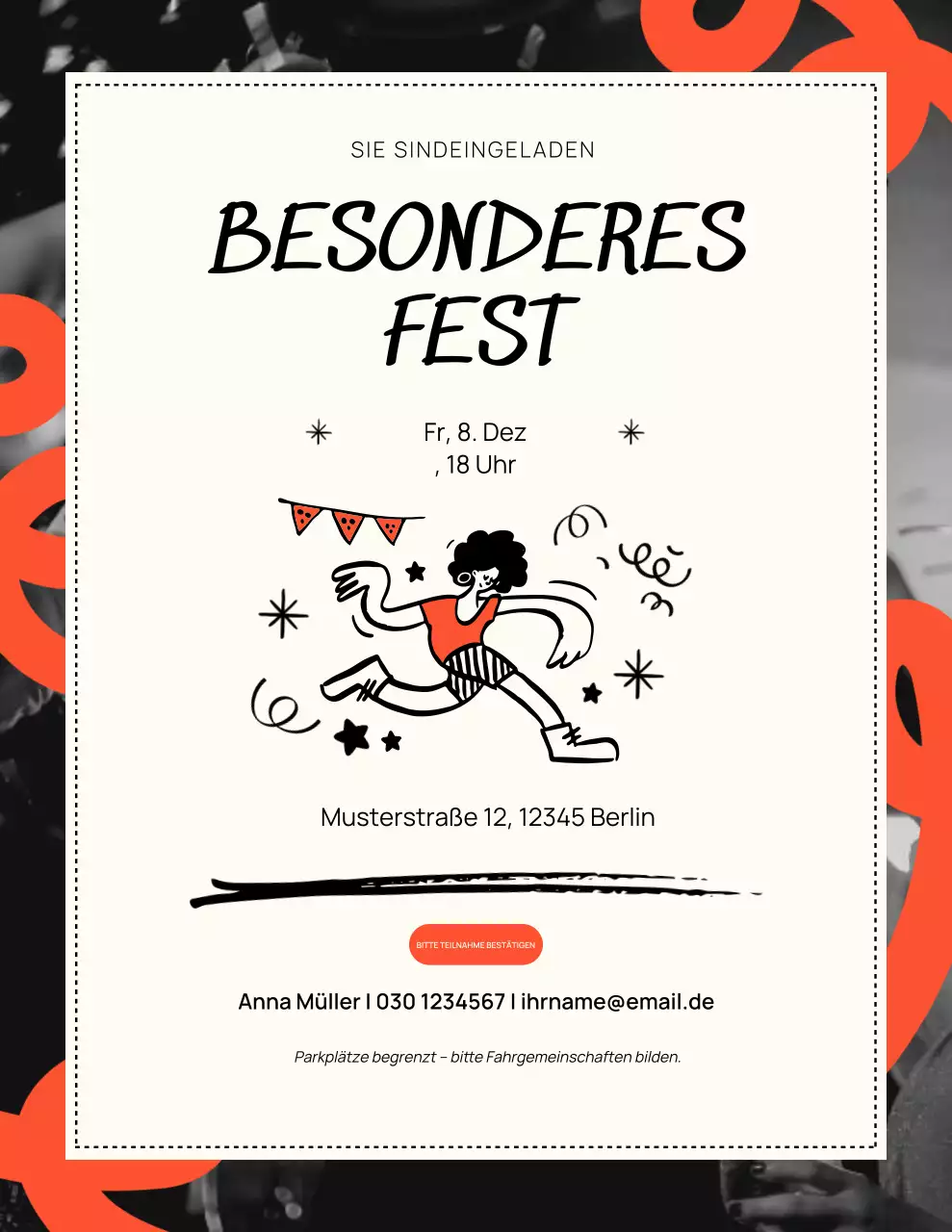 Moderne Einladung zur Feier in Orange und Schwarz