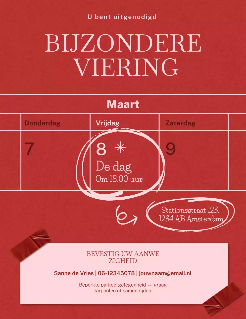 Uitnodiging voor een feest met rode en roze doodles