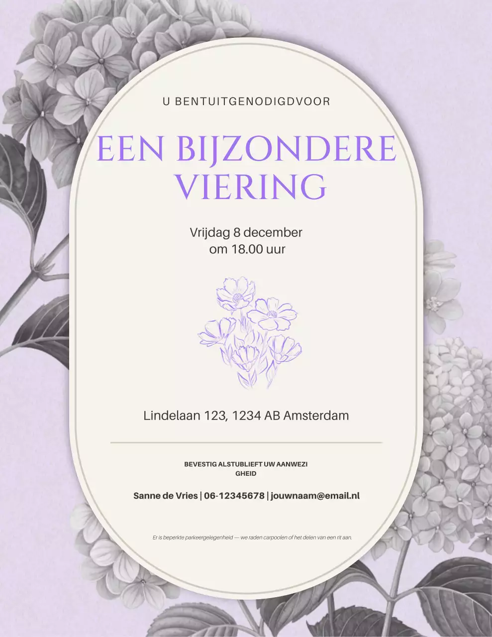 Moderne feestuitnodiging in lavendel en beige