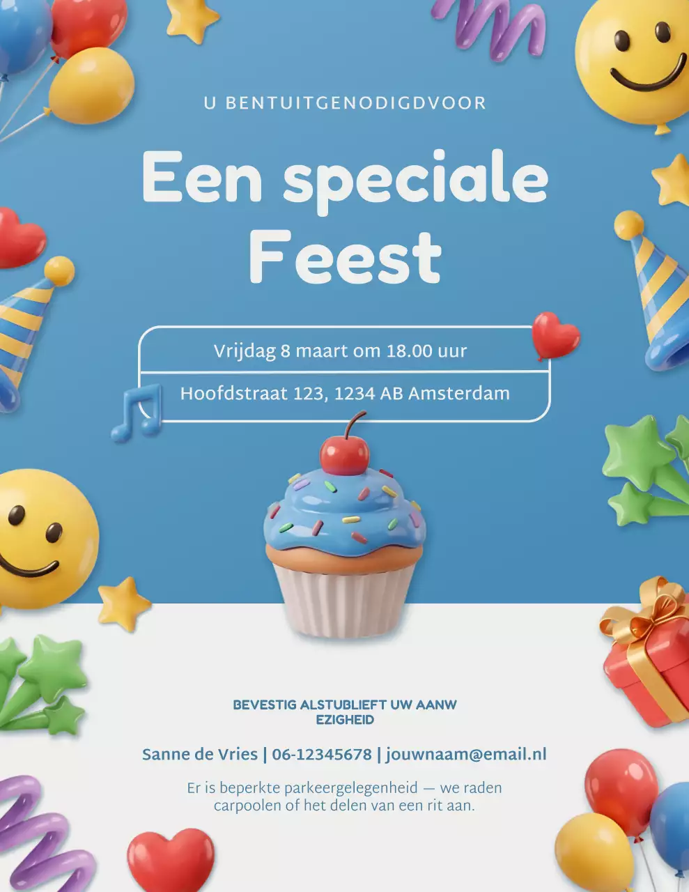 Blauwe speelse feestuitnodiging