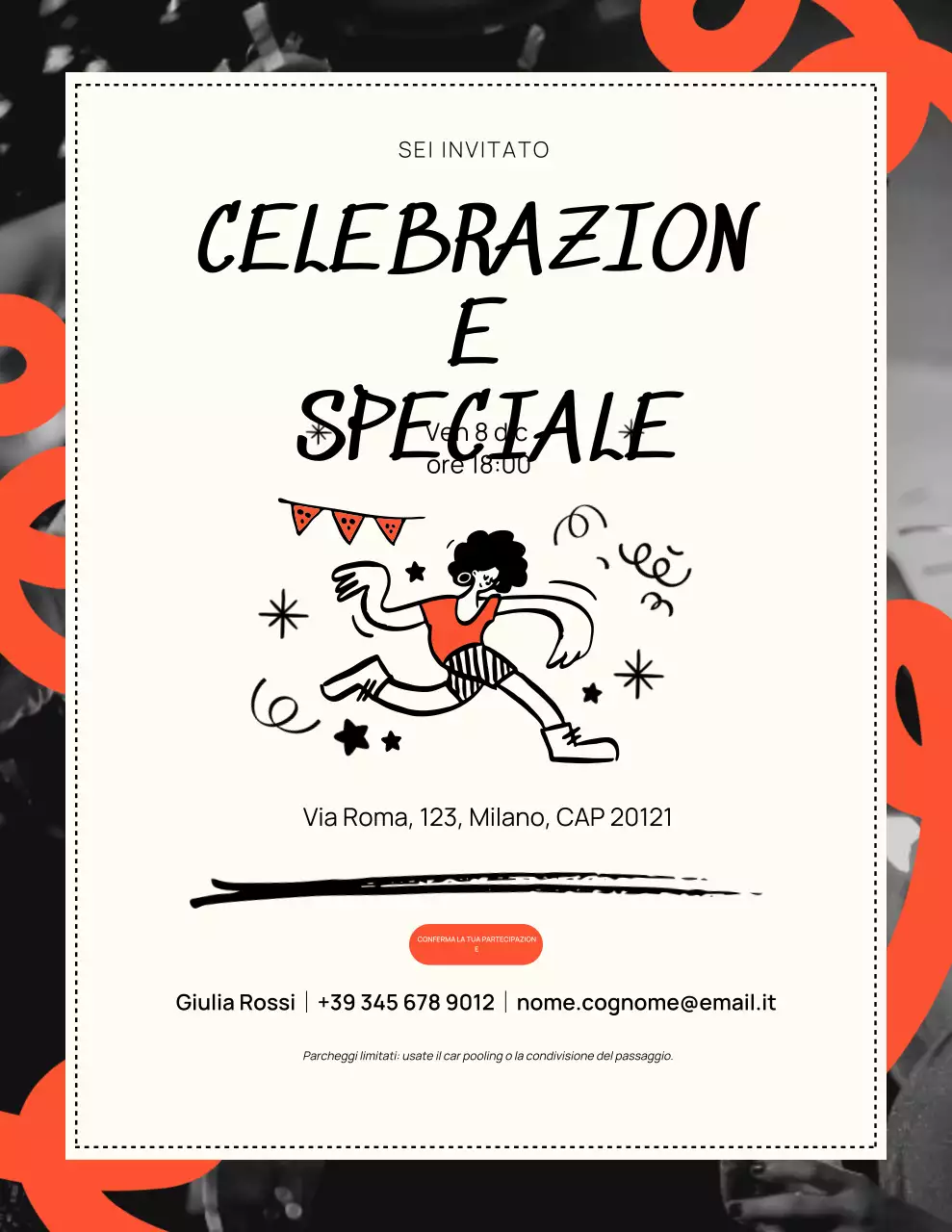 Invito moderno per celebrazioni in arancione e nero