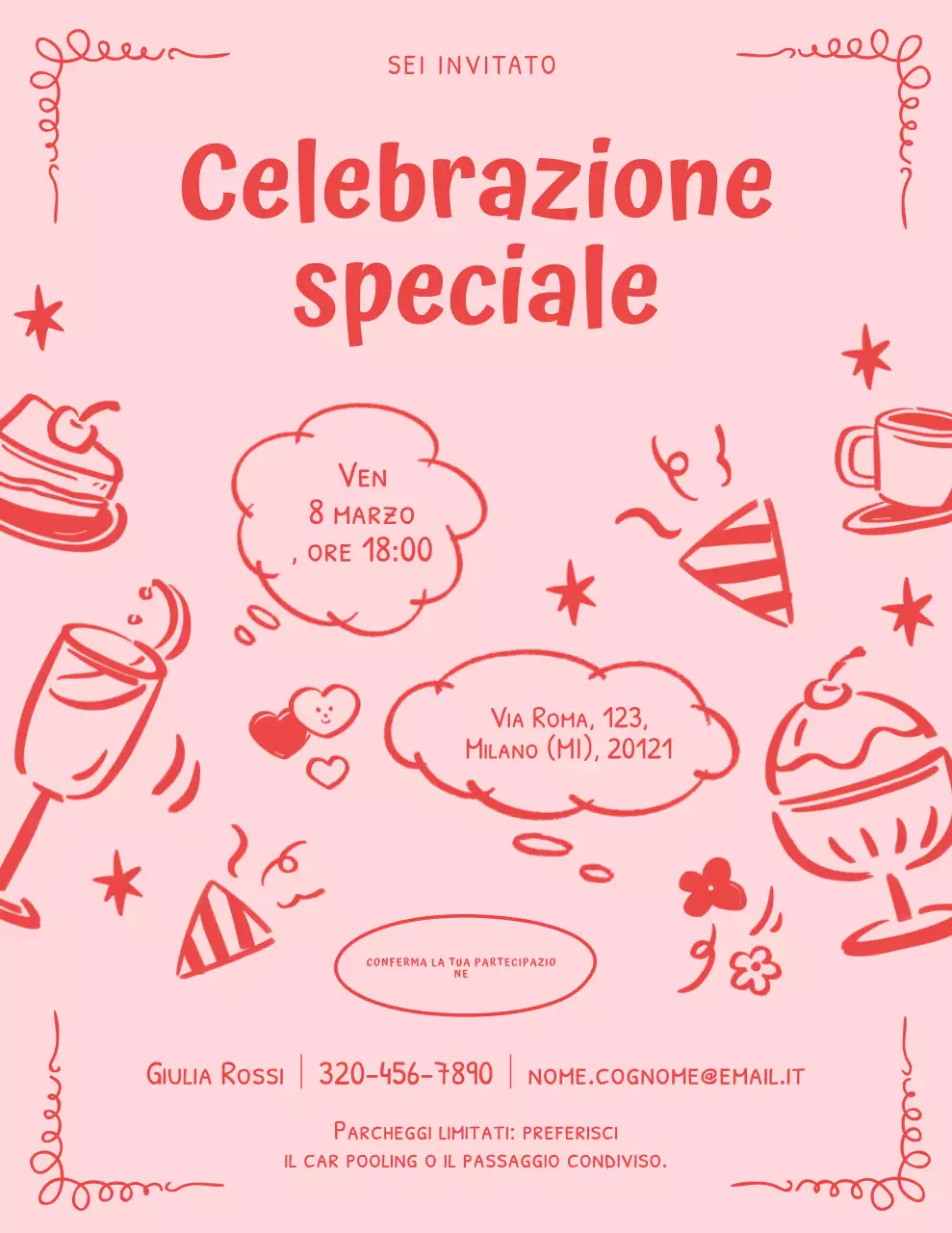 Invito alla festa con scarabocchi rosa e rossi