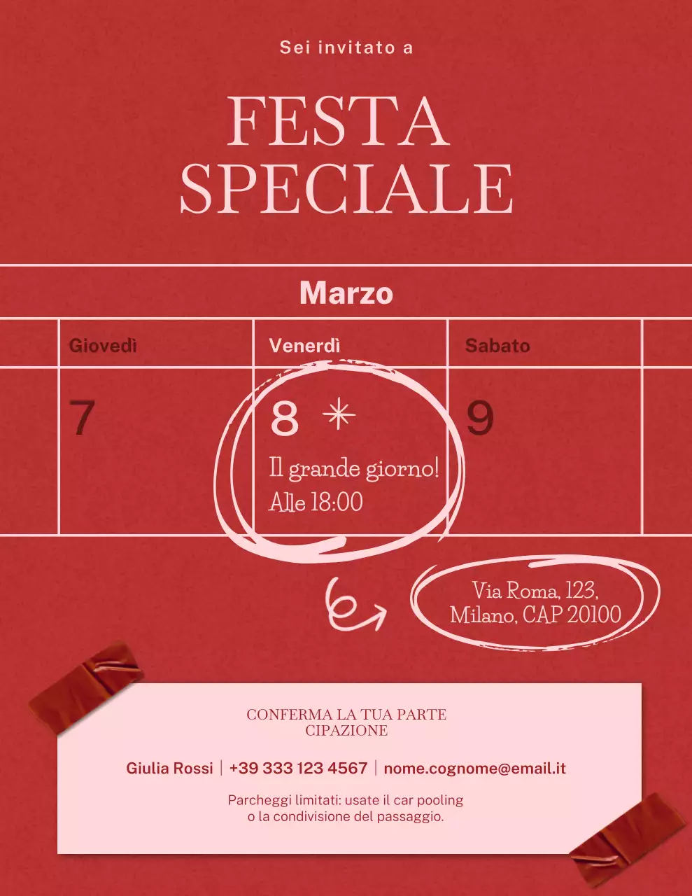 Invito alla festa con scarabocchi rossi e rosa