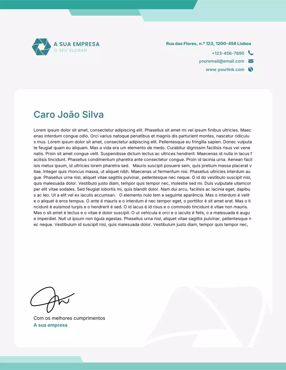 Papel timbrado comercial profissional na cor verde-azulado