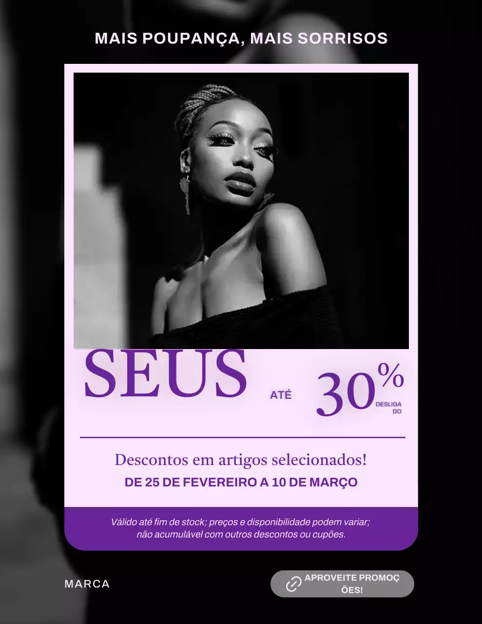 Pôster moderno de promoção de vendas em preto e roxo