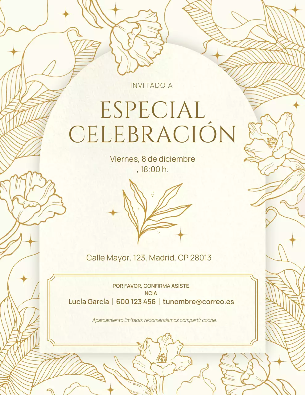 Invitación floral de celebración dorada y beige