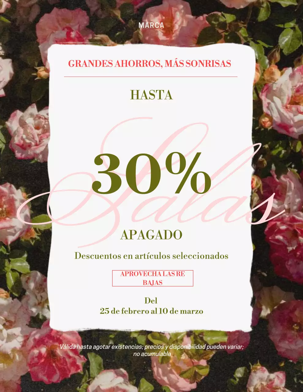 Póster de promoción de ventas con flores rosas