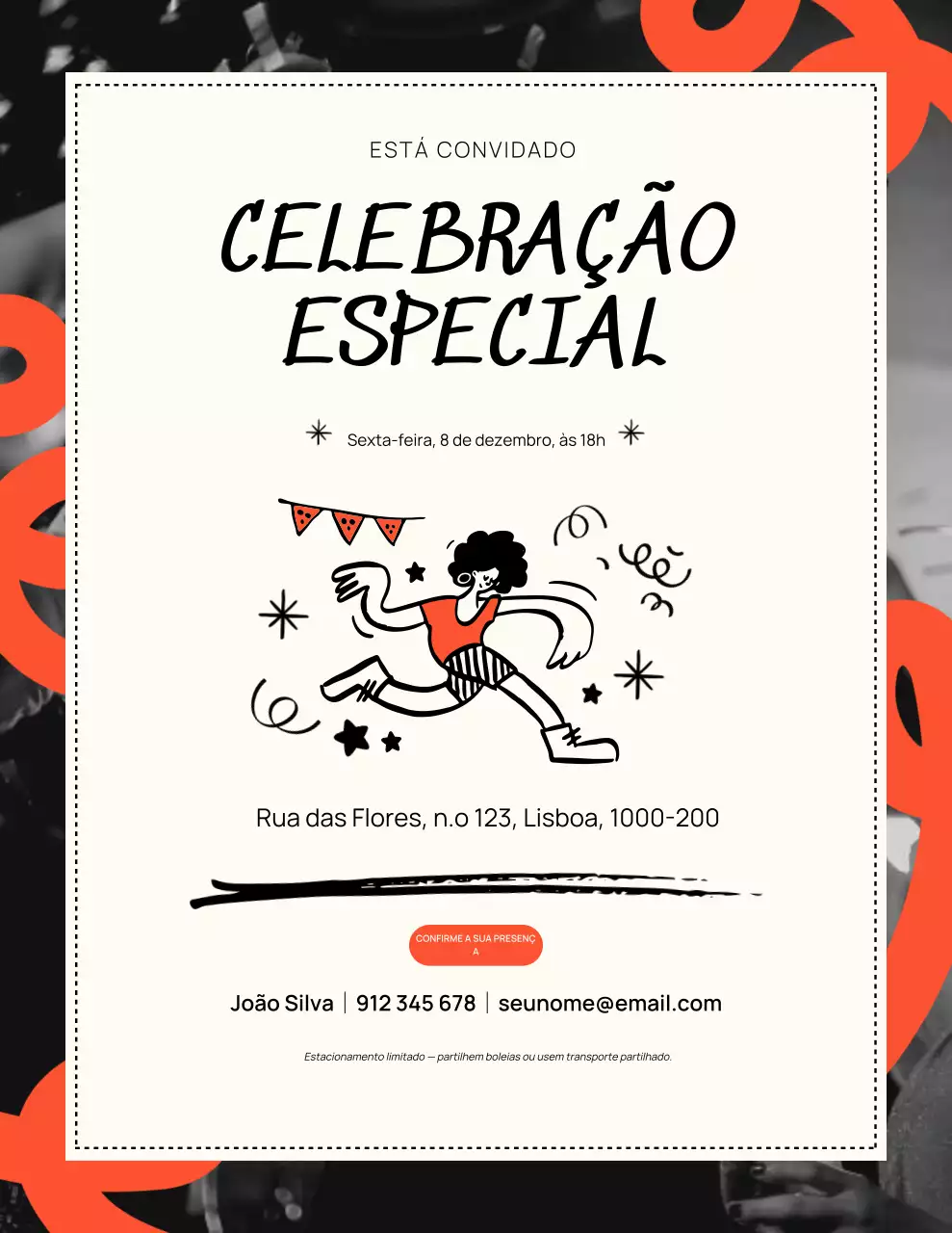 Convite para uma celebração moderna em laranja e preto