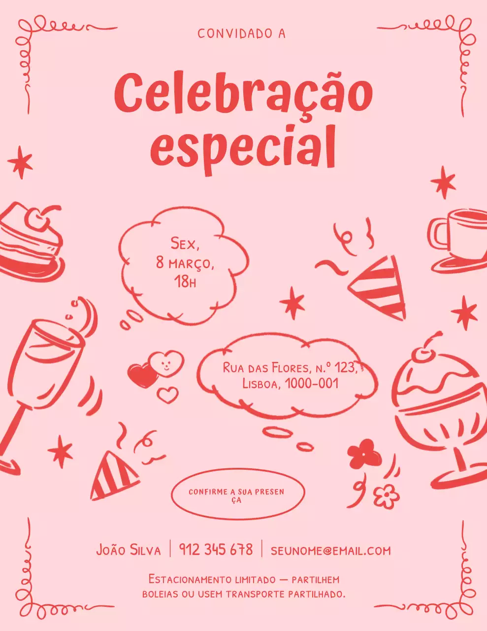 Convite para uma Festa com Desenhos em Rosa e Vermelho