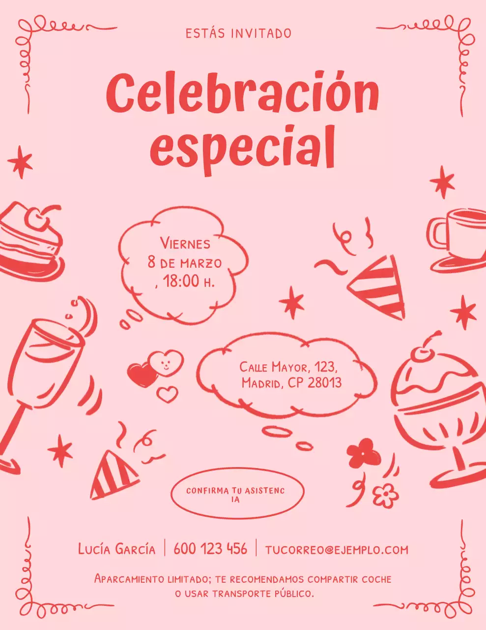 Invitación de celebración con doodle rosa y rojo