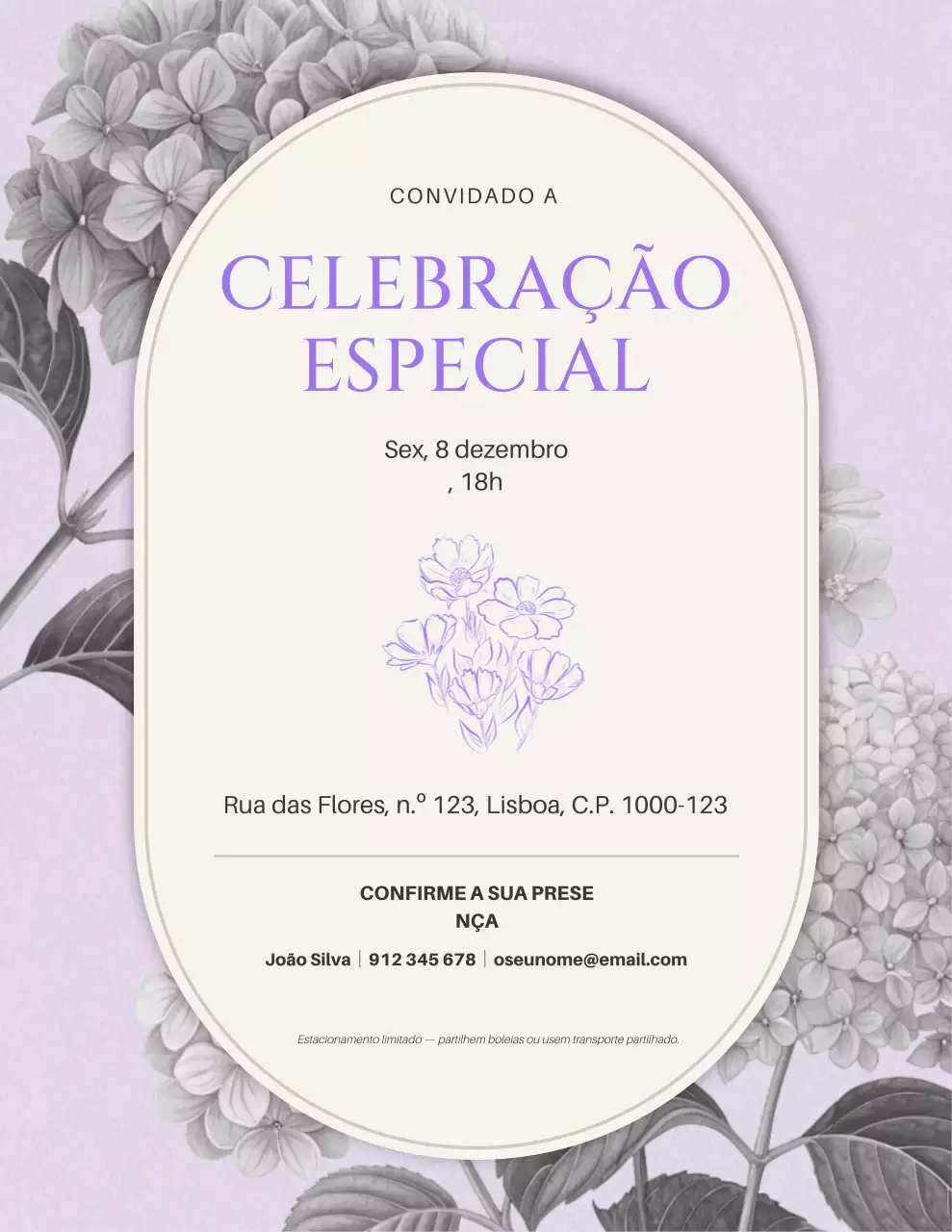 Convite para uma celebração moderna em tons de lavanda e bege