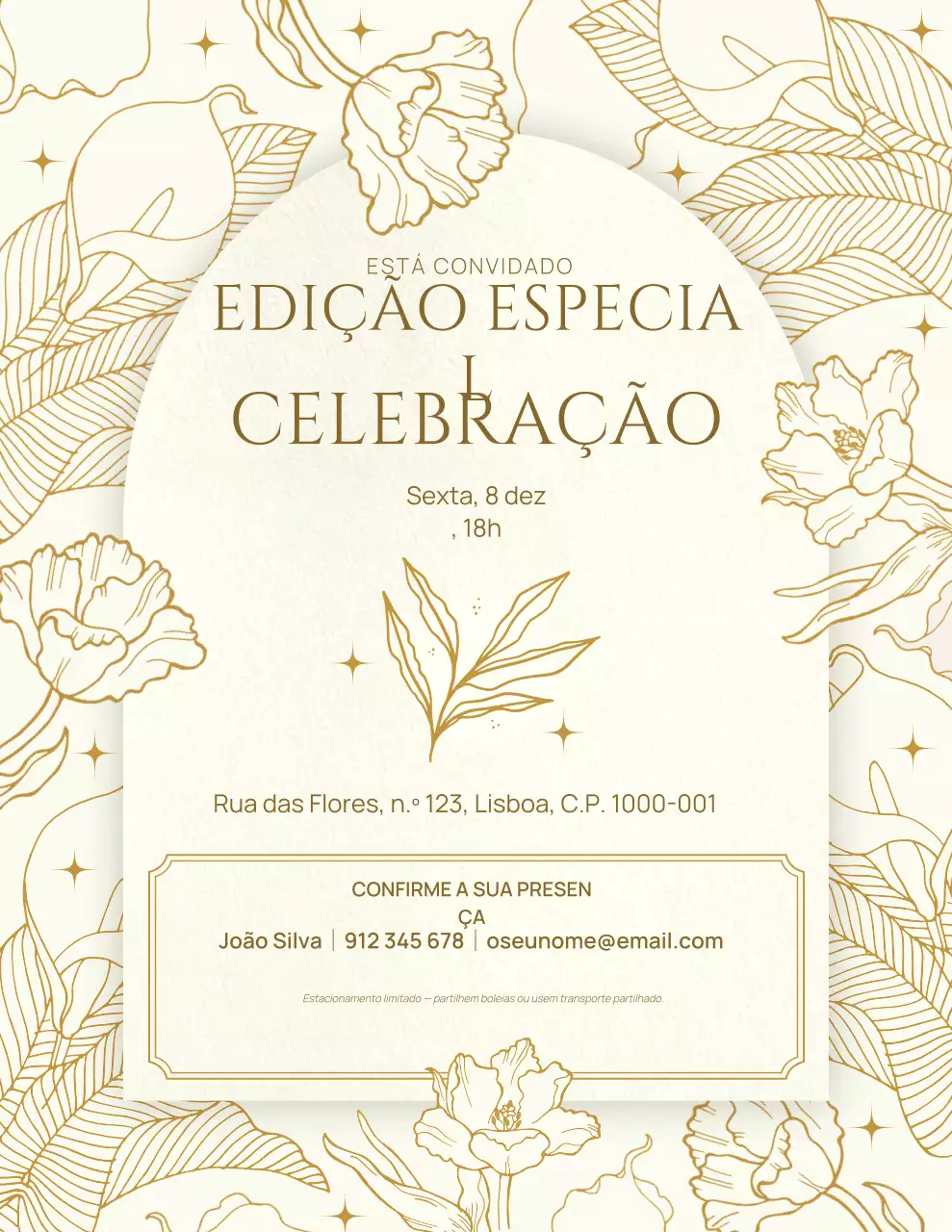 Convite para festa com estampa floral em tons de dourado e bege