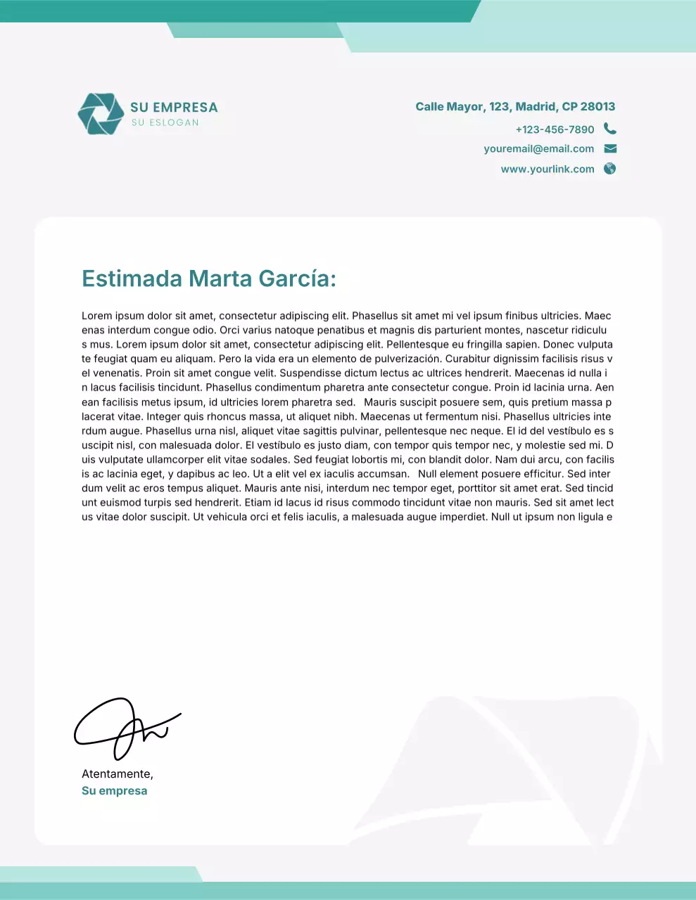 Membrete comercial profesional en color verde azulado