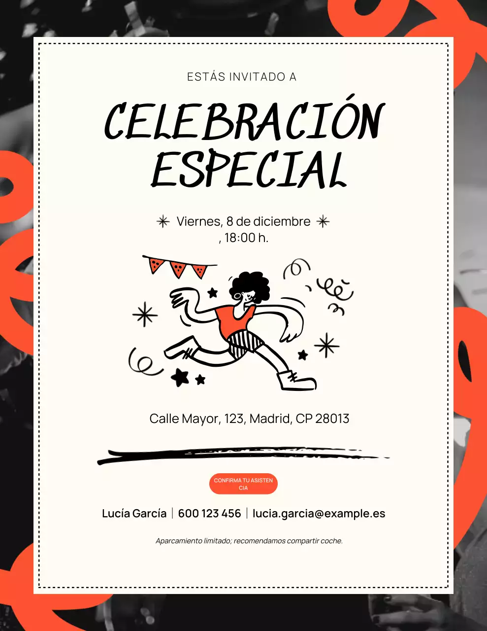 Invitación de celebración moderna en naranja y negro