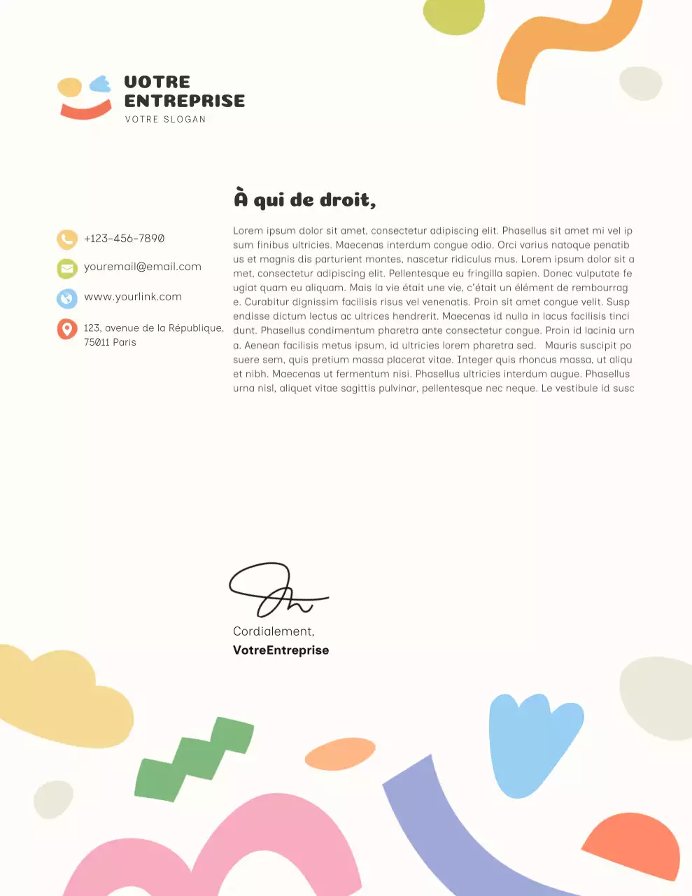 Papier à en-tête moderne et coloré pour documents commerciaux