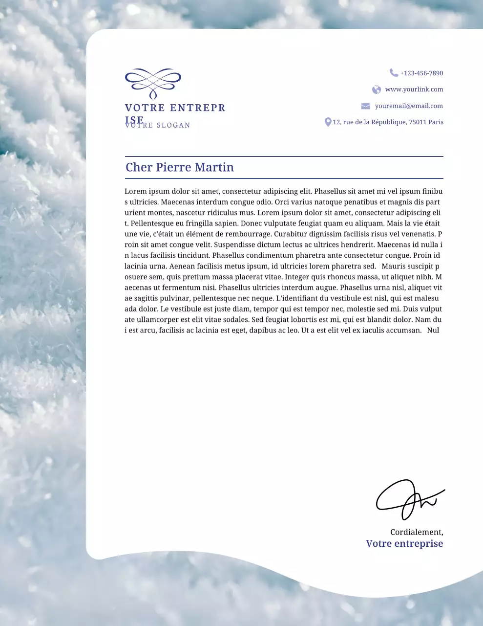 Papier à en-tête bleu hiver pour entreprises