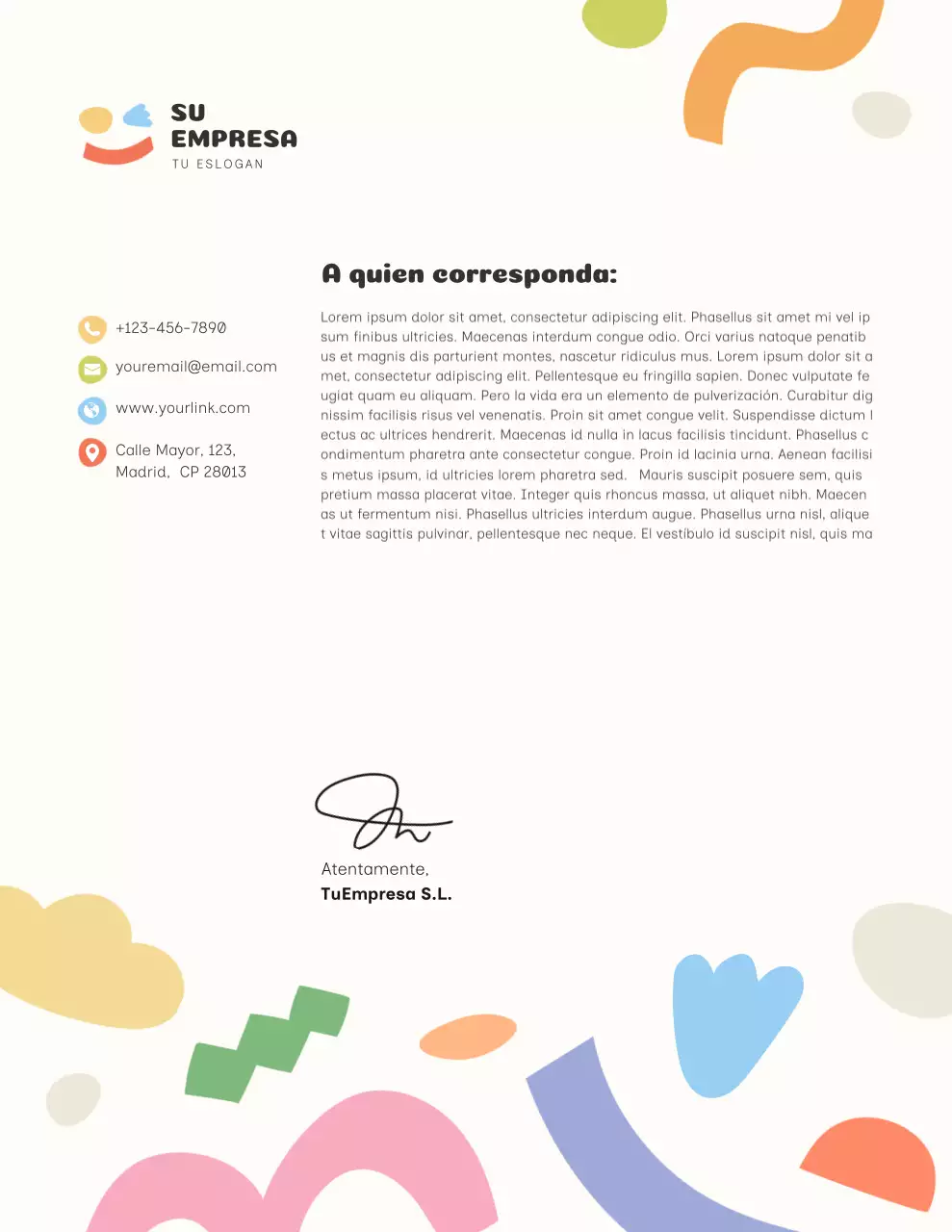 Documento comercial con membrete moderno y colorido