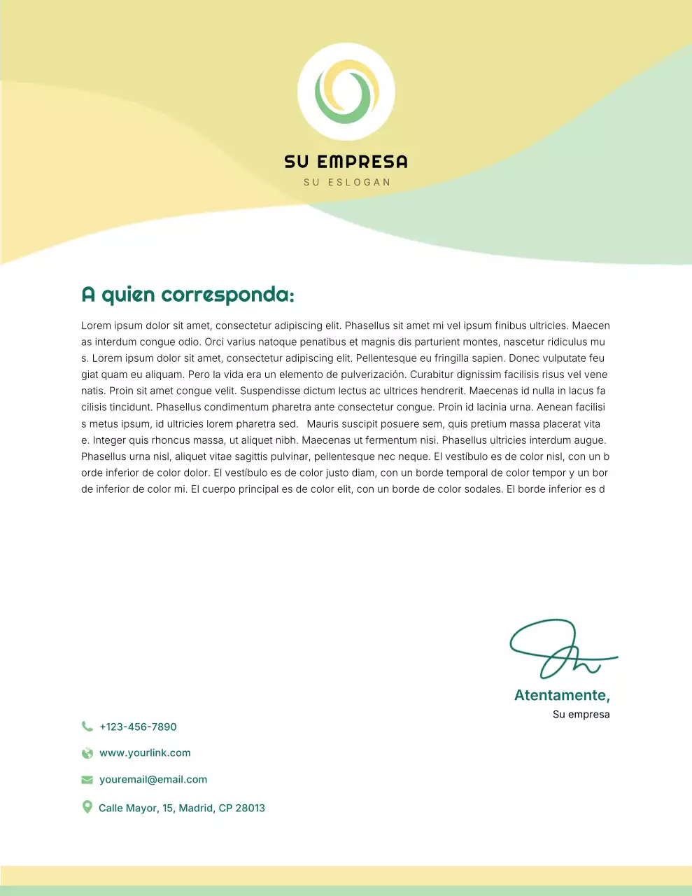 Membrete comercial moderno de color amarillo y verde