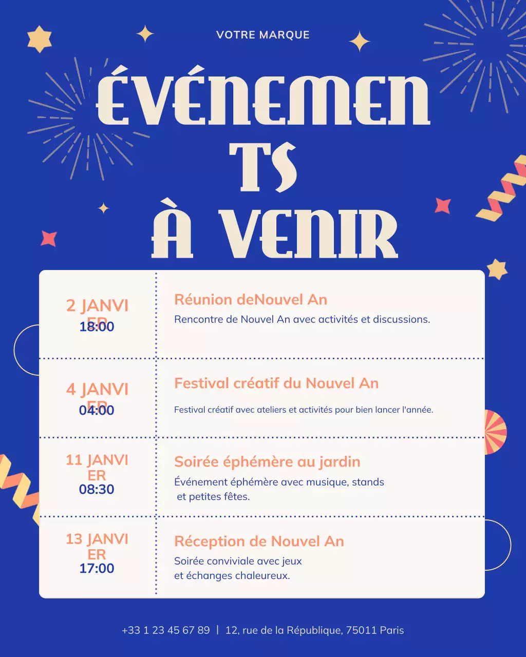 Publication Instagram du calendrier des événements festifs bleus