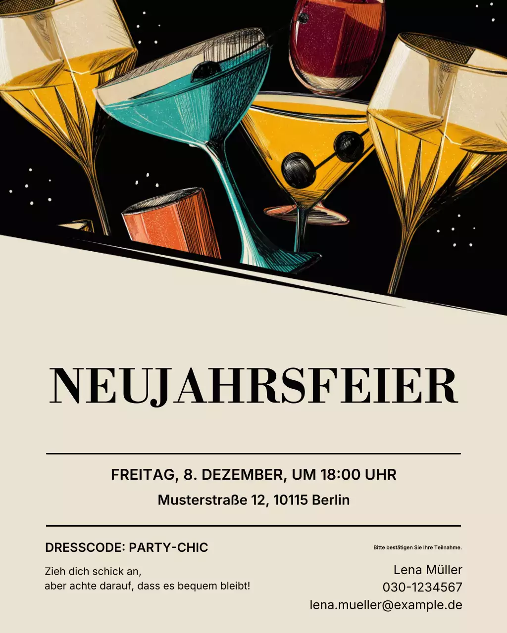 Einladung zu einem Cocktail im Retro-Look in Beige (Instagram-Post)