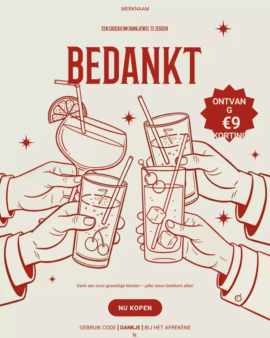 Instagram-post met een rode retro bedankkaart
