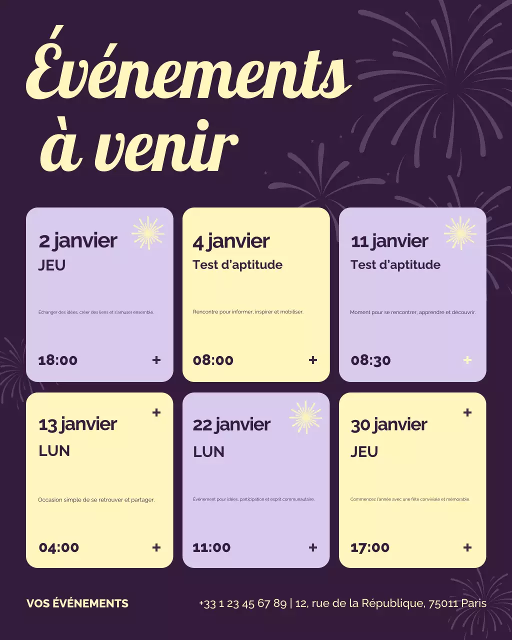 Publication Instagram du calendrier d'événements modernes violets