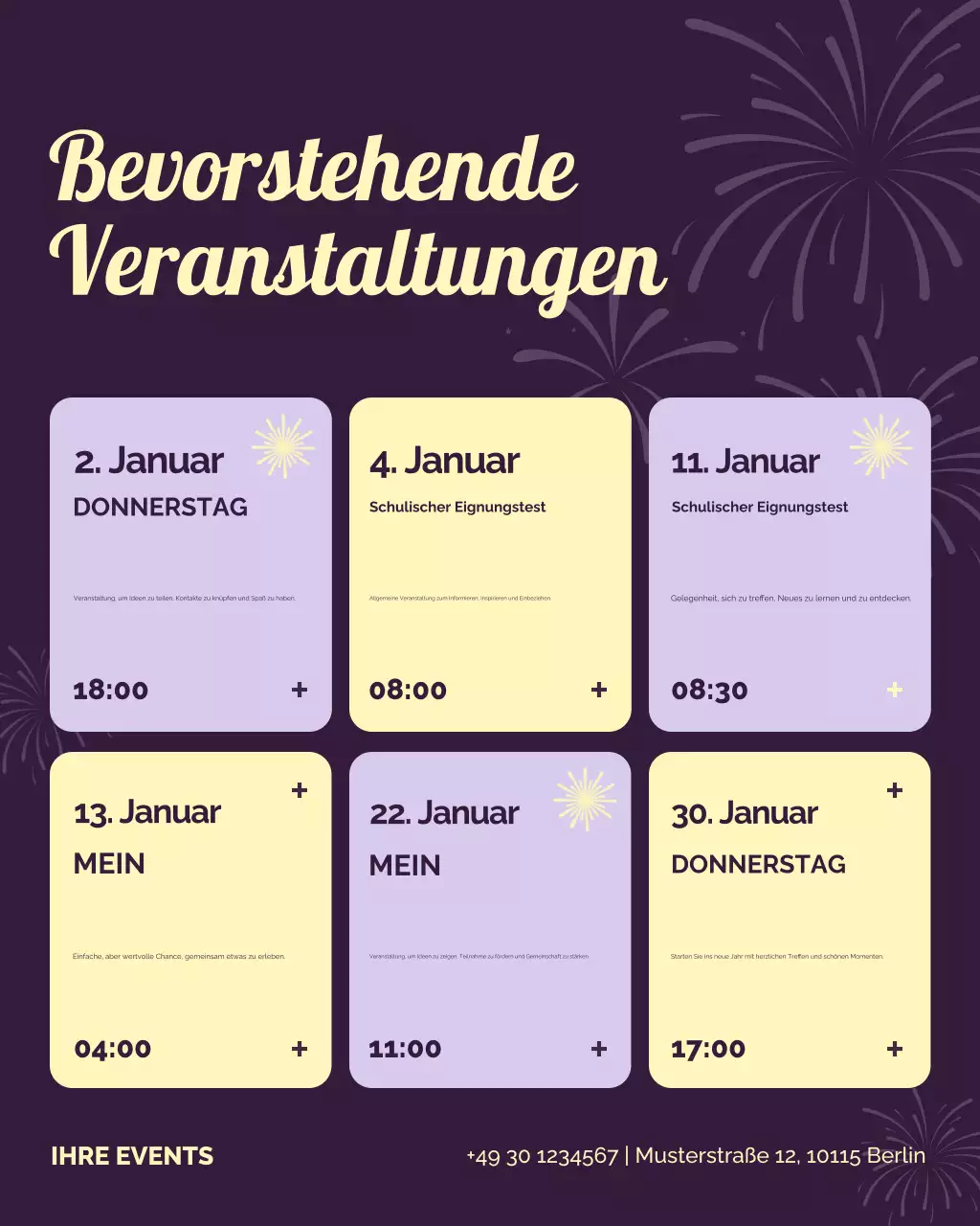 Instagram-Beitrag zum modernen lila Veranstaltungskalender