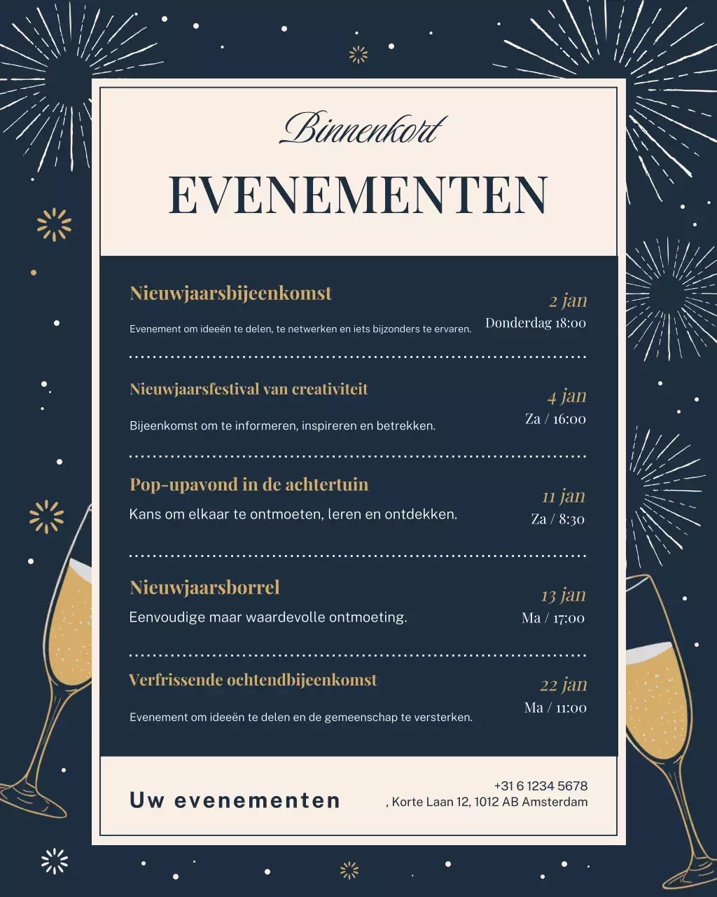 Elegante nieuwjaarsaankondiging in marineblauw op Instagram