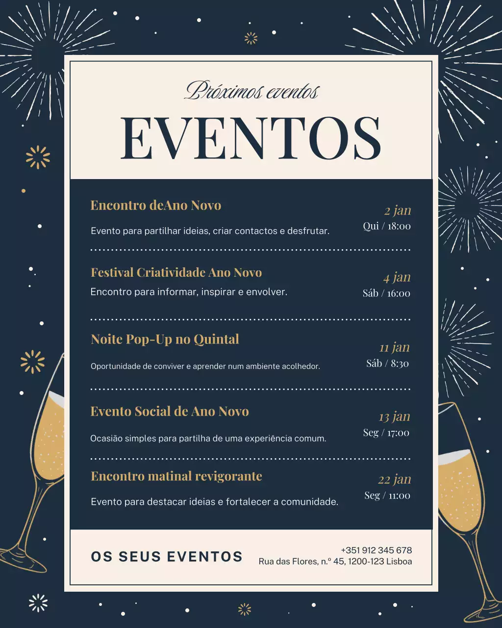 Postagem elegante de anúncio de Ano Novo em azul-marinho no Instagram
