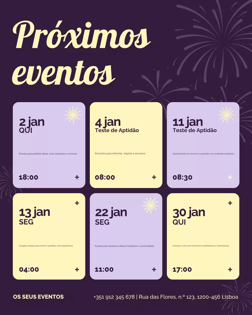 Postagem no Instagram sobre calendário de eventos moderno roxo