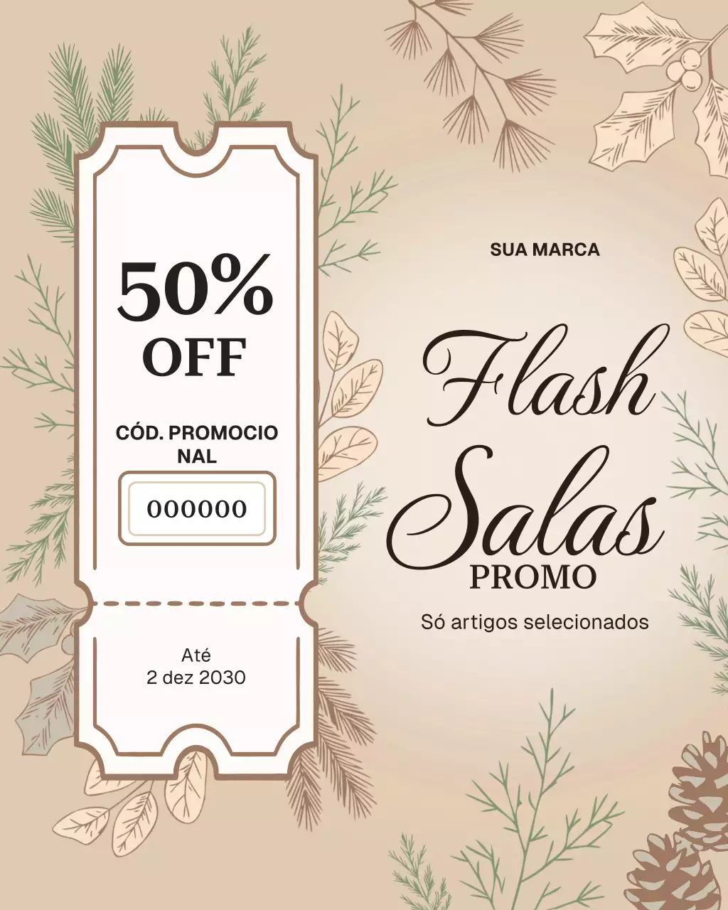 Postagem promocional de venda de produtos botânicos bege no Instagram