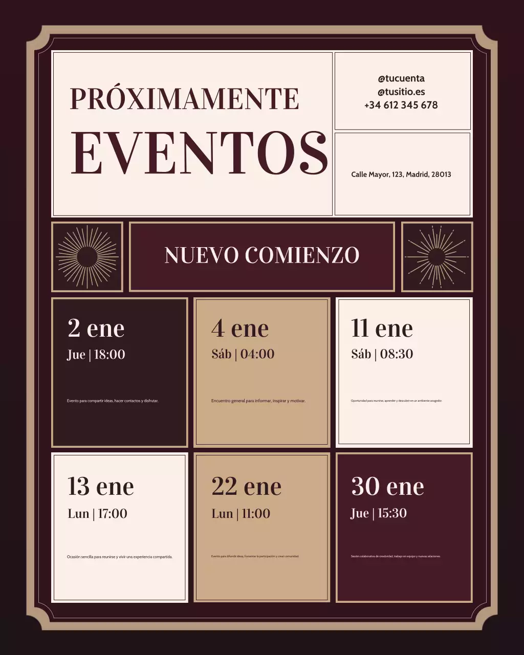 Publicación de Instagram para anunciar un evento elegante en color granate