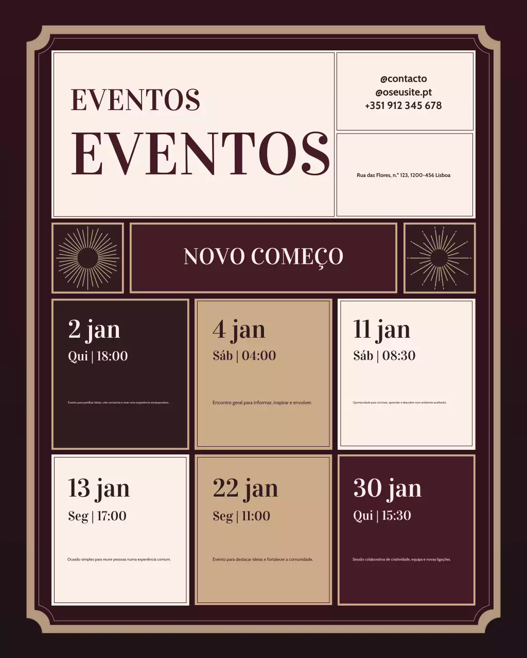 Postagem no Instagram sobre o anúncio de um evento elegante em tons de bordô