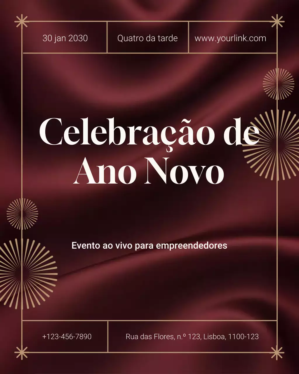 Anúncio comercial elegante em tom bordô, vertical para Instagram.