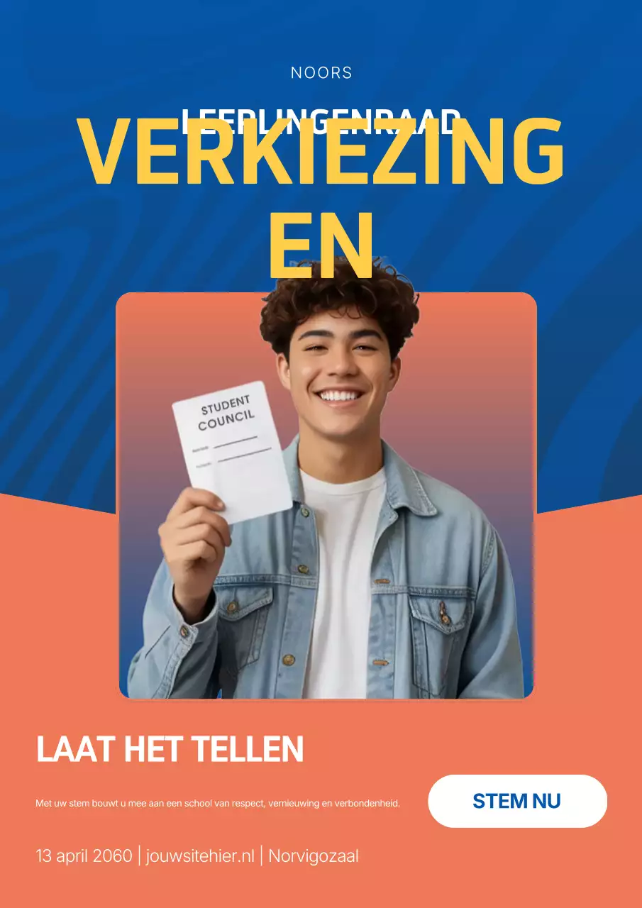Blauwe poster met aankondiging van de studentenverkiezingen