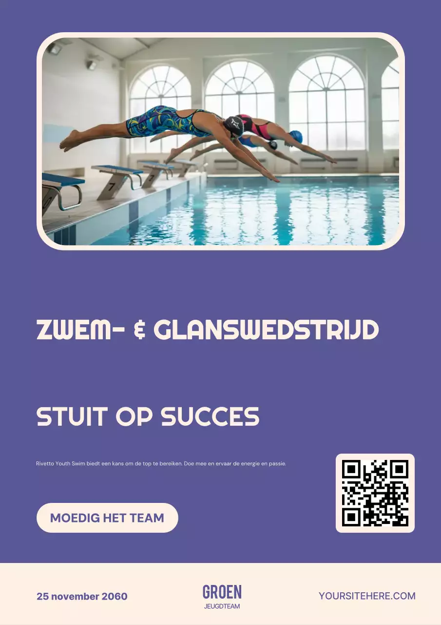 Paarse poster voor aankondiging van Modern Swim-evenement
