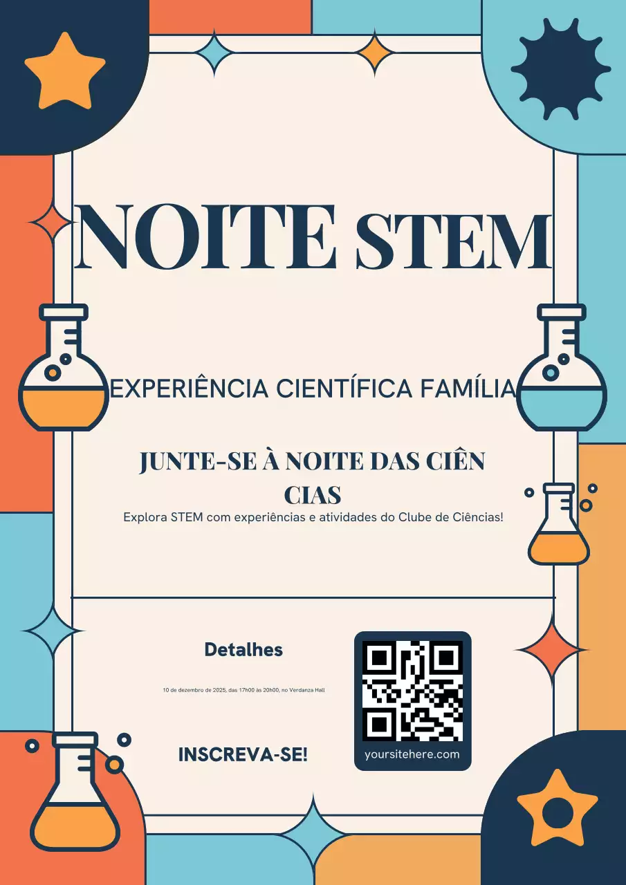Pôster laranja do evento científico retrô