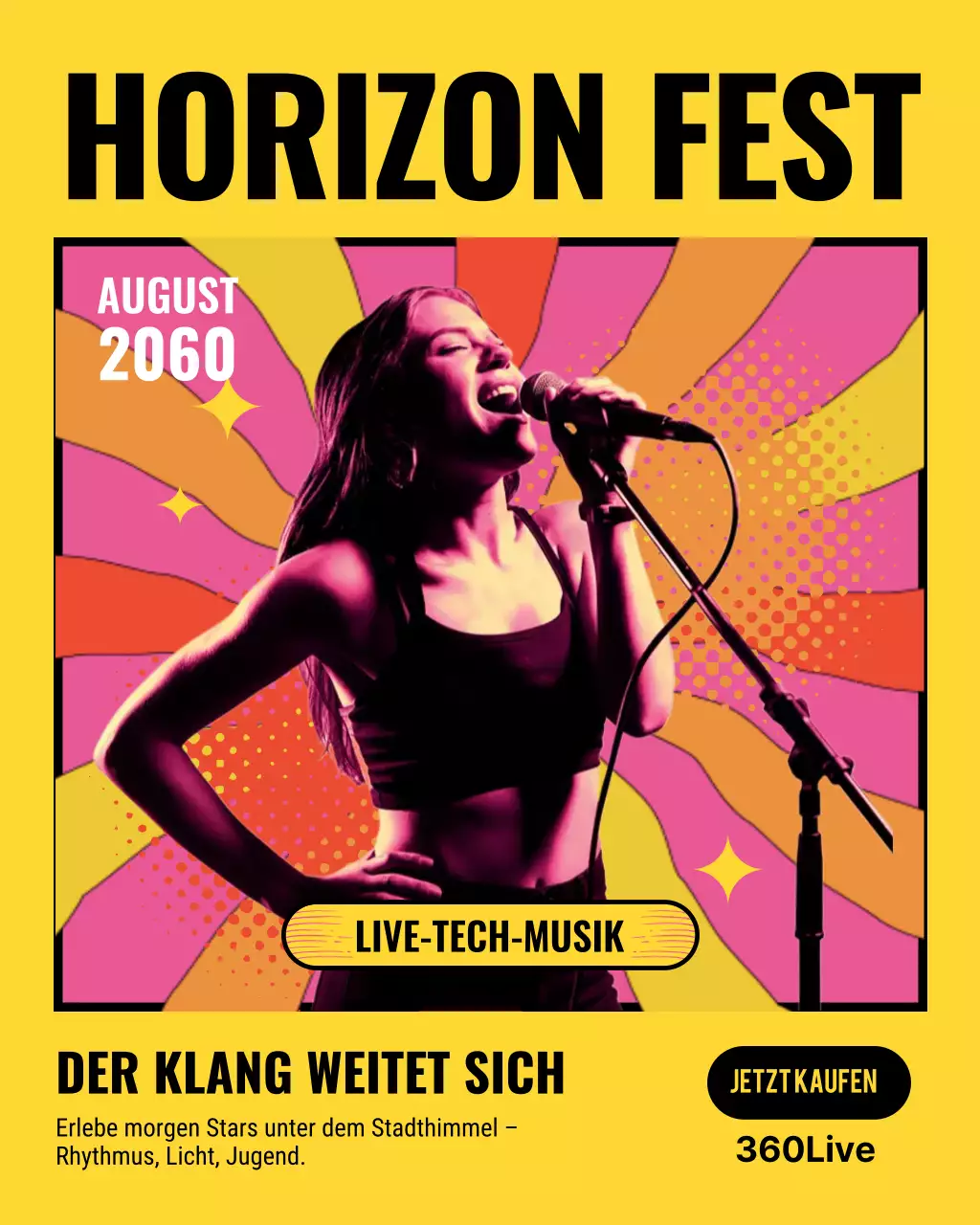 Instagram-Post mit Werbung für ein gelbes Retro-Konzert