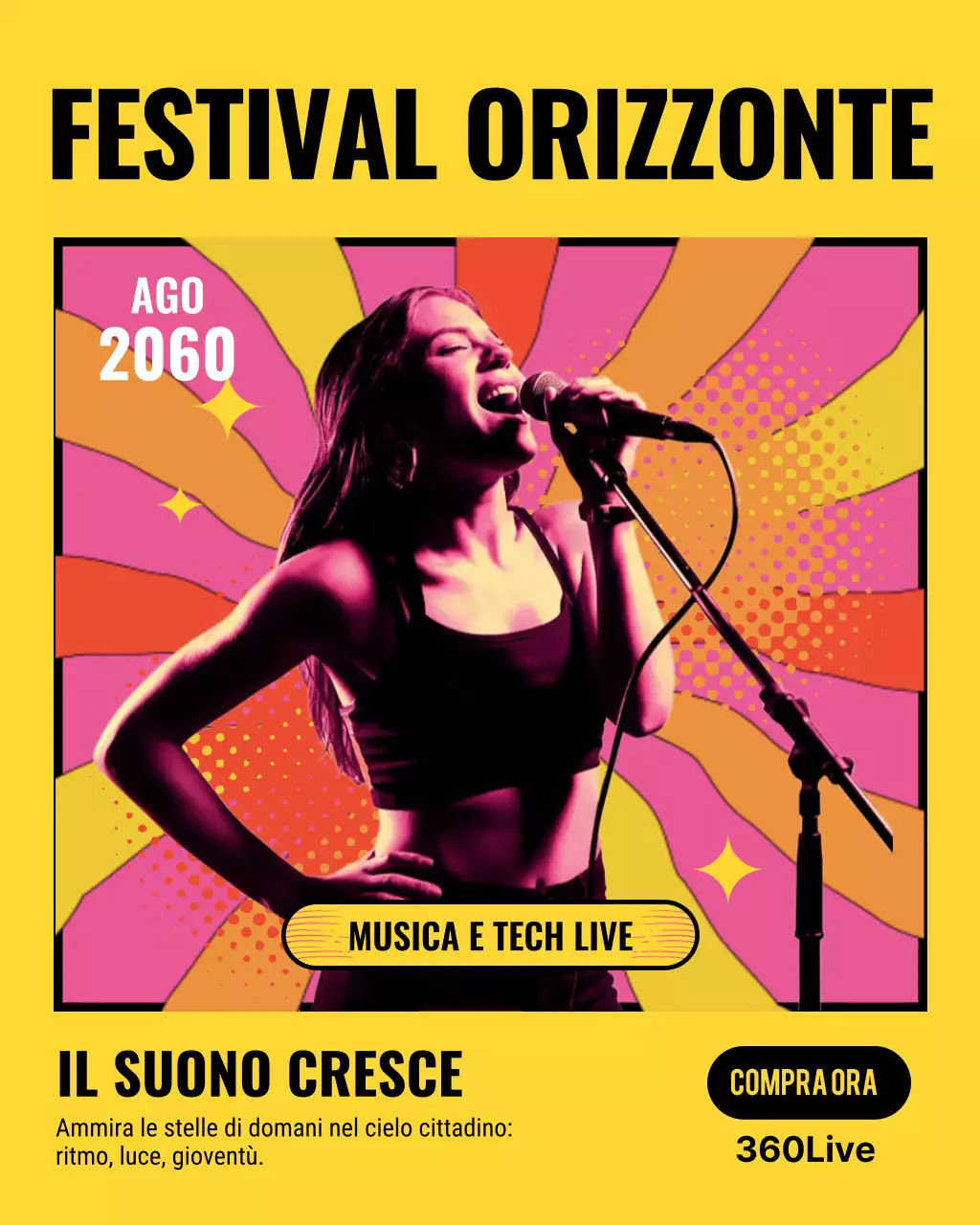 Post Instagram pubblicitario di un concerto retrò giallo