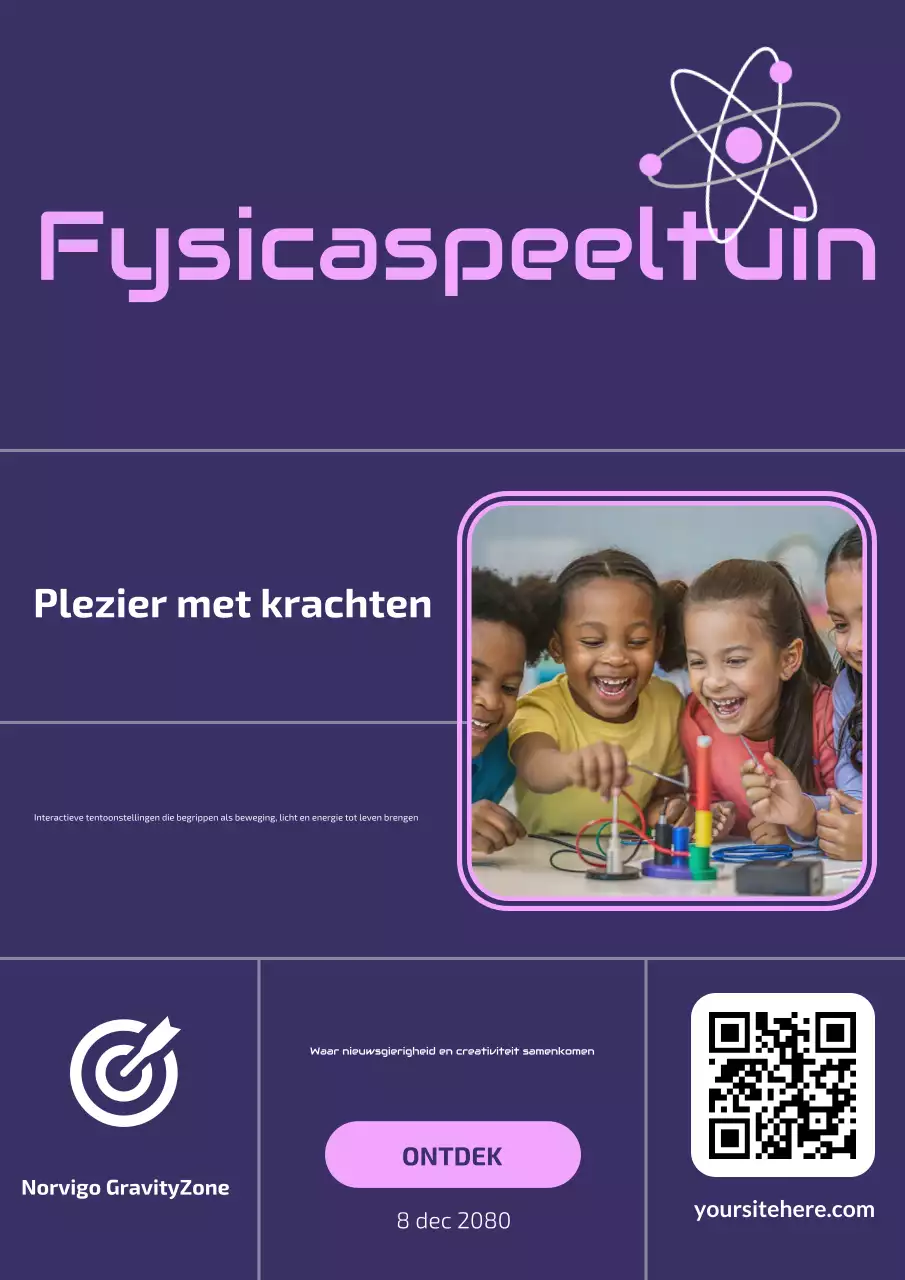 Paarse poster voor de tentoonstelling Moderne Wetenschap