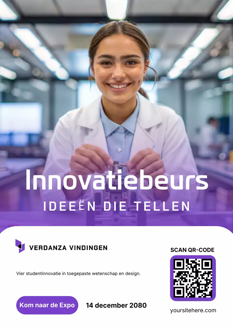 Paarse poster voor het evenement Moderne Wetenschap