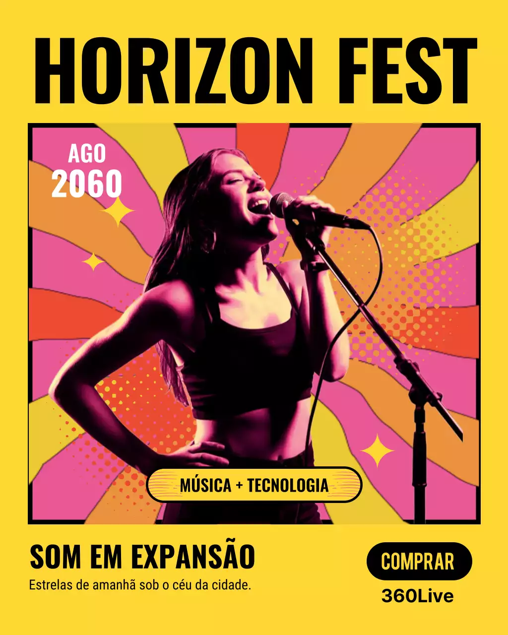 Postagem no Instagram sobre um anúncio de show retrô em amarelo
