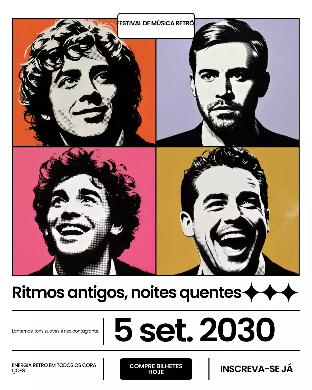 Postagem colorida no Instagram para promoção de evento musical retrô