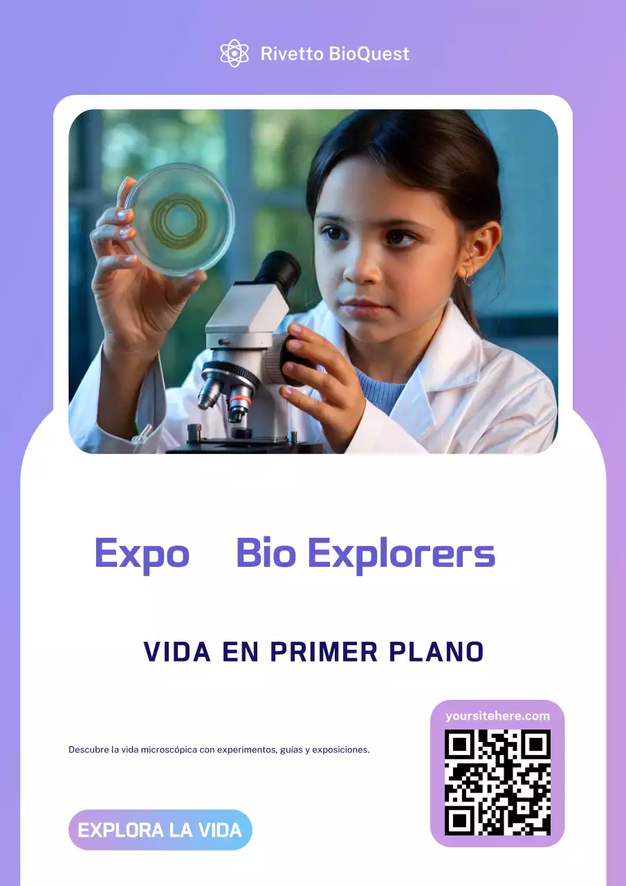 Póster del evento de ciencia moderna de color púrpura