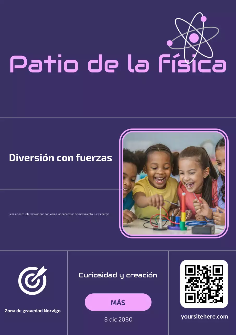 Póster púrpura de la exposición de ciencia moderna