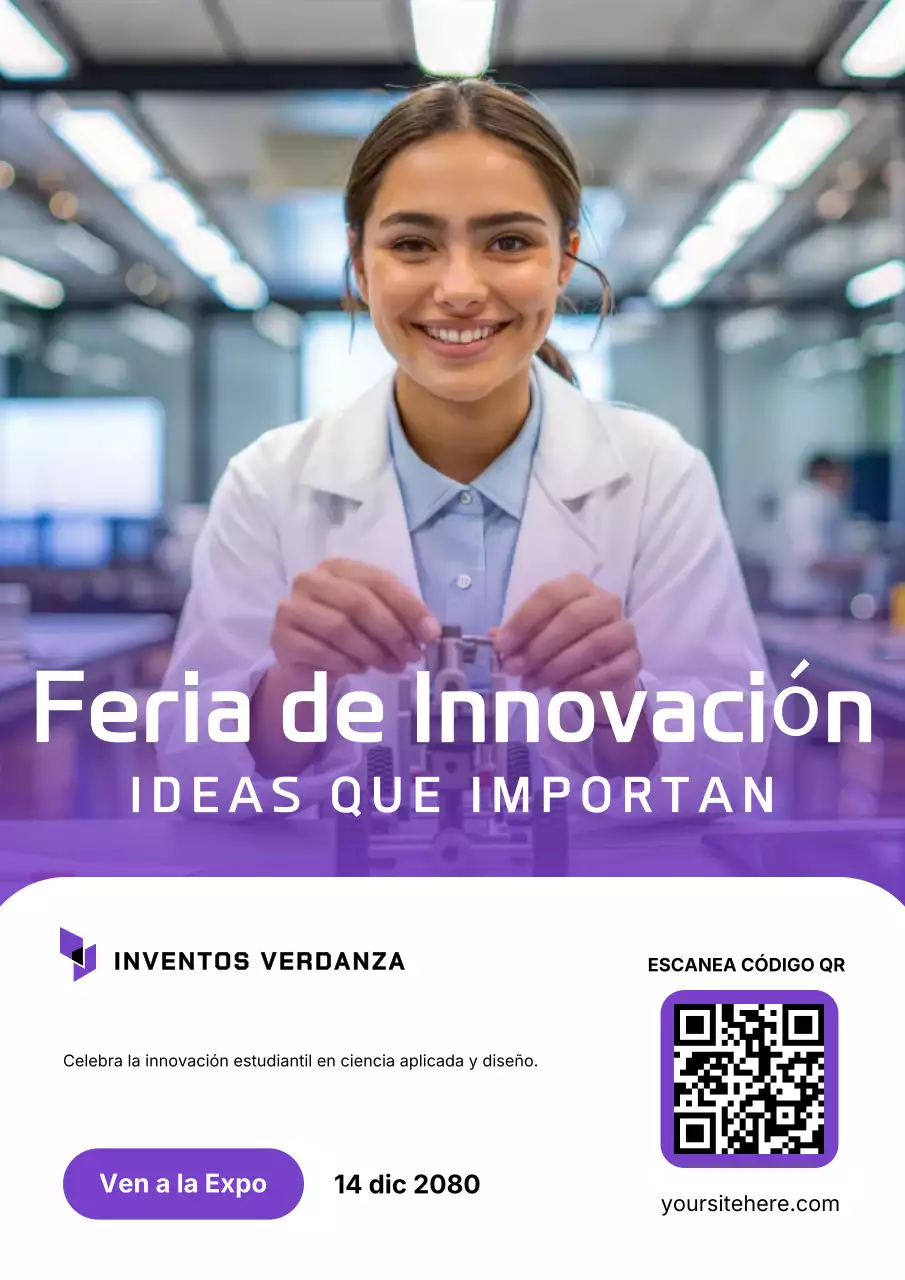 Póster del evento de ciencia moderna de color púrpura