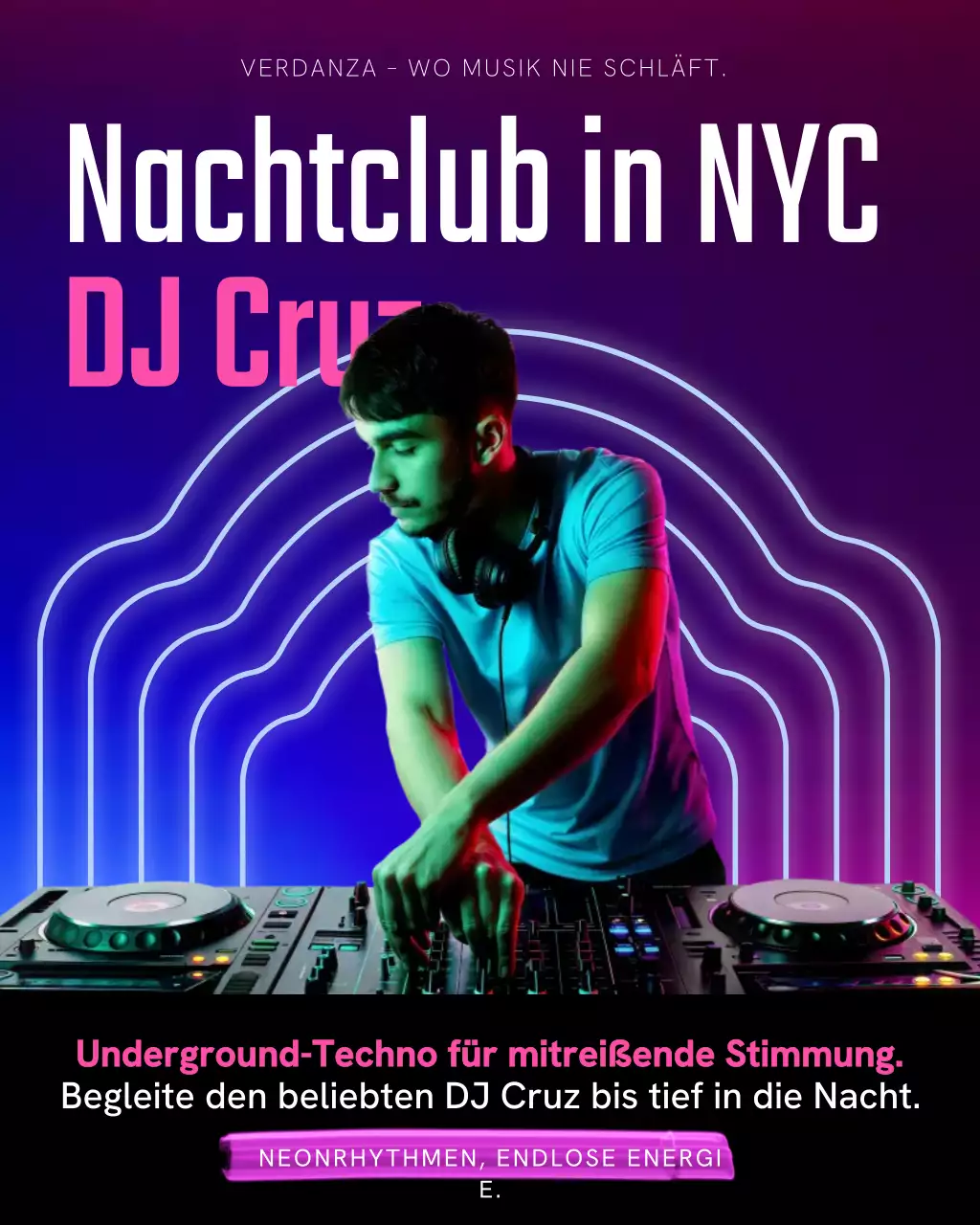 Neonfarbene, trendige Werbung für einen Nachtclub – Instagram-Post