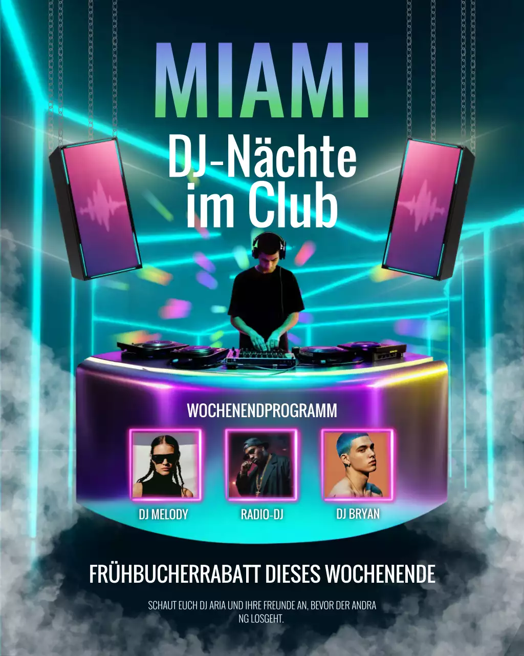 Instagram-Post zur Werbung für einen modernen Nachtclub in Türkis-Neon